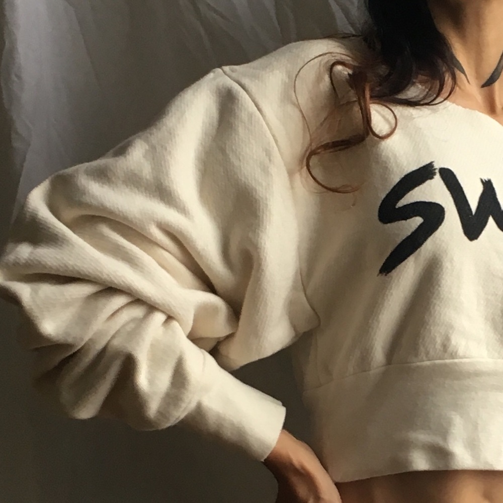 Cotton Off White Sweatshirt Bat Sleeves S Cropped